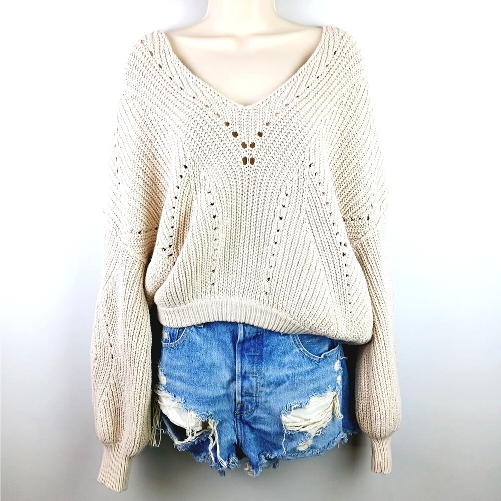 Free People SZ S All Day Long V Sweater Sand OB1059892 Chunky Fisherman - Picture 4 of 7